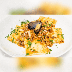 Равиоли пълнени с треска и рагу от морски дарове